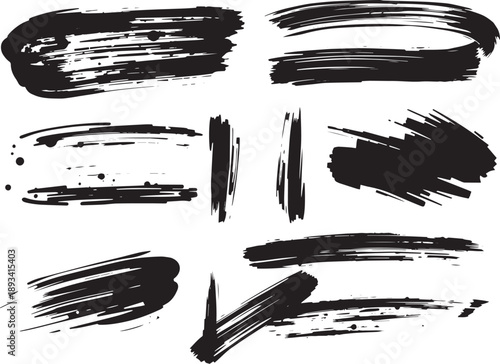 Brush set. Vector black paint brush spots, highlighter lines or felt-tip pen marker. Ink smudge abstract shape stains and smear set with texture