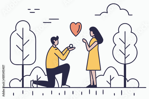 Romantic proposal scene illustration in minimalist line art style - man kneeling with engagement ring and heart icon for design assets