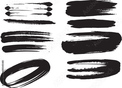 Brush set. Vector black paint brush spots, highlighter lines or felt-tip pen marker. Ink smudge abstract shape stains and smear set with texture
