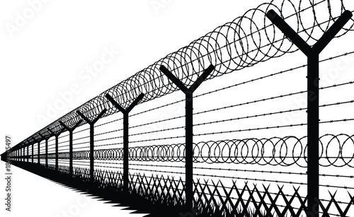 High security barbed wire fence perspective, prison perimeter protection illustration, restricted area danger concept isolated on white background vector design