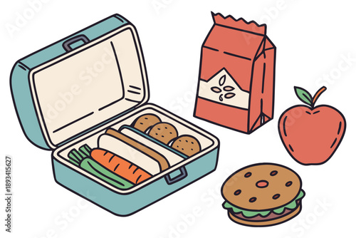 A bento style lunch box containing a sandwich carrot and meatballs is surrounded by a bag of seeds a red apple and a hamburger.