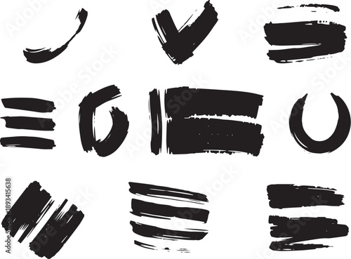 Brush set. Vector black paint brush spots, highlighter lines or felt-tip pen marker. Ink smudge abstract shape stains and smear set with texture