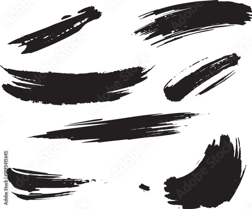 Brush set. Vector black paint brush spots, highlighter lines or felt-tip pen marker. Ink smudge abstract shape stains and smear set with texture