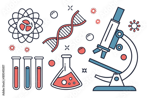 Scientific laboratory research and experiments outline vector illustration set with microscope, test tubes, flask, dna strand, and atomic structure for education and medicine