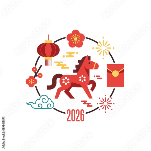 Vibrant Chinese New Year 2026 celebration icon featuring a majestic red horse for the Year of the Horse, traditional lantern, and auspicious elements for a prosperous Lunar New Year