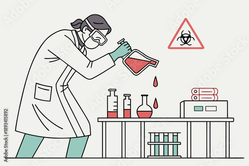 Female scientist wearing protective mask and goggles conducts chemical experiment, pouring hazardous liquid near biohazard warning sign in laboratory. vector illustration.