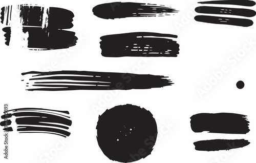 Brush set. Vector black paint brush spots, highlighter lines or felt-tip pen marker. Ink smudge abstract shape stains and smear set with texture