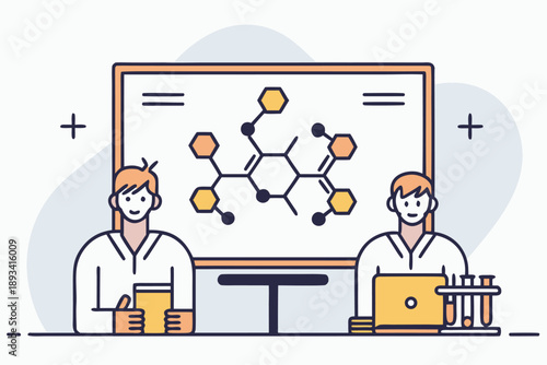 Vector illustration depicting two scientists in a laboratory analyzing a chemical molecular structure on a large screen; concept of scientific research, technology, and collaboration in chemistry.