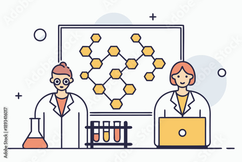 Professional scientists in lab coats conducting chemical research, analyzing a large molecular structure display and using modern laboratory equipment in a flat outline vector illustration style.