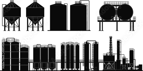 Industrial storage tanks and silos illustration black and white factory infrastructure isolated on white background vector design for oil gas chemical manufacturing concepts