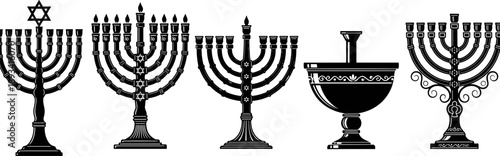 Jewish menorah and Hanukkah symbols icon set featuring traditional candelabra oil lamp ritual bowl black silhouette vector illustration isolated on white background