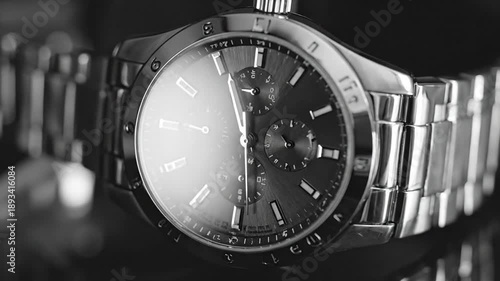 Close-up studio shot of a monochrome men's wristwatch on a reflective surface, showcasing detailing