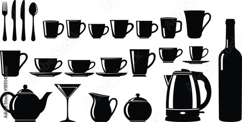 Kitchenware silhouette icon set, cups mugs teapot kettle bottle cutlery collection, black white drinkware utensils vector illusKitchenware silhouette icon set,