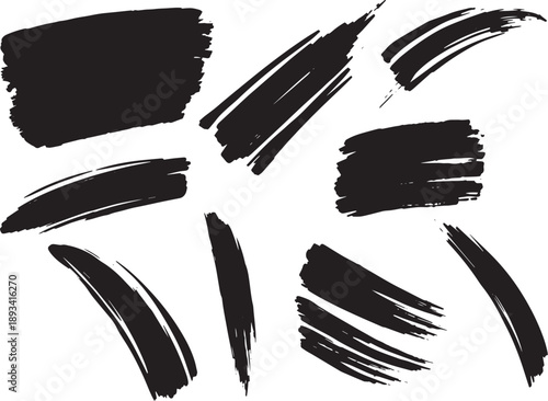 Brush set. Vector black paint brush spots, highlighter lines or felt-tip pen marker. Ink smudge abstract shape stains and smear set with texture