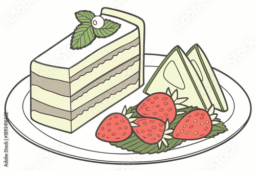 Delicious layered cake slice with strawberries and sandwich illustration on a plate, simple cartoon vector art for cafe menu design.