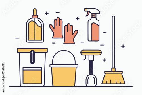 Flat line art vector illustration featuring a collection of essential cleaning supplies and tools for home and office sanitation, including broom, bucket, spray bottle, and gloves