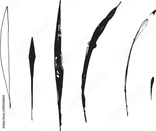 Brush set. Vector black paint brush spots, highlighter lines or felt-tip pen marker. Ink smudge abstract shape stains and smear set with texture