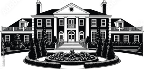 Luxury mansion exterior illustration, grand colonial estate with garden, classic villa architecture, elegant residential landmark, upscale property concept