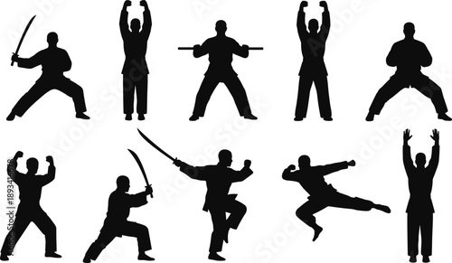 Martial arts fighter silhouettes set featuring karate kung fu sword combat training poses black vector illustration isolated on white background action collection design icons
