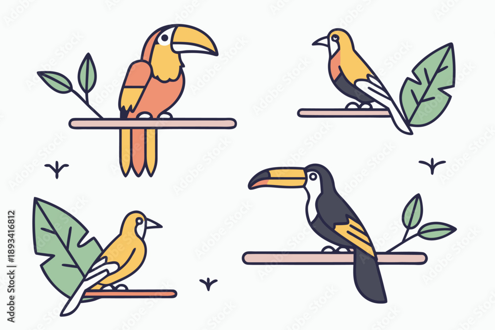 Obraz premium Minimalist vector illustration set of tropical toucans and exotic birds perched on branches, flat line art design for nature and wildlife concepts