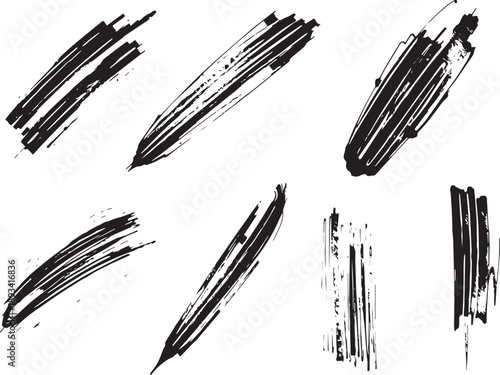 Brush set. Vector black paint brush spots, highlighter lines or felt-tip pen marker. Ink smudge abstract shape stains and smear set with texture