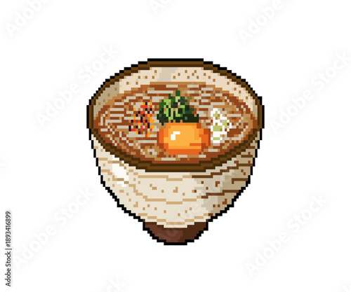 月見蕎麦のドット絵イラスト（日本文化・和食アイコン）:Tsukimi Soba Pixel Art - Japanese Moon-Viewing Buckwheat Noodles with Egg