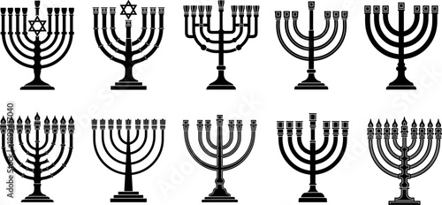 Menorah silhouette set Jewish Hanukkah candle holders religious symbols traditional nine branched candelabra faith heritage black vector illustration ments