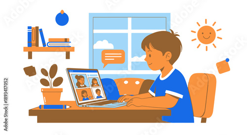 Young Boy Working on Laptop at Desk.