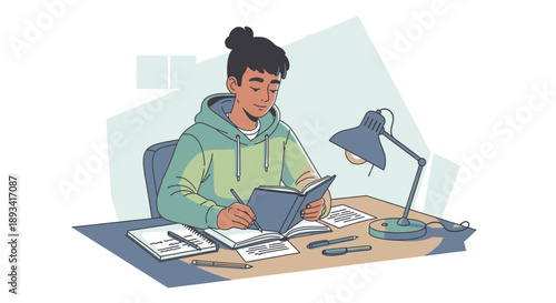 Young Woman Studying at Desk with Books.