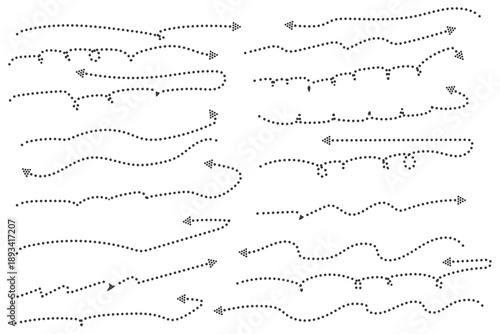 Squiggly dotted line arrows doodle set. Curve and spiral dash comic directions in sketch style. Hand drawn vector illustration isolated on white background ....