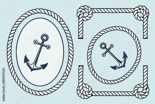 Nautical anchor and rope frame vector set: vintage maritime illustration with decorative border elements and corners
