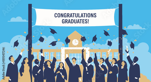 Graduates Celebrating with Caps and Gowns.