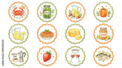 Hand Drawn Vintage Food Illustration Set Featuring Colorful Kitchen Icons, Fruits, Vegetables, Drinks, and Meals in Playful Folk Art Style, Decorative Card Elements with Warm Retro Color Palette