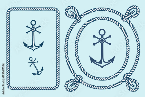 Maritime vector illustration set featuring anchors and rope borders in rectangular and circular frames. perfect for nautical designs and sea-themed projects.