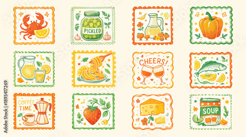Hand Drawn Vintage Food Illustration Set Featuring Colorful Kitchen Icons, Fruits, Vegetables, Drinks, and Meals in Playful Folk Art Style, Decorative Card Elements with Warm Retro Color Palette
