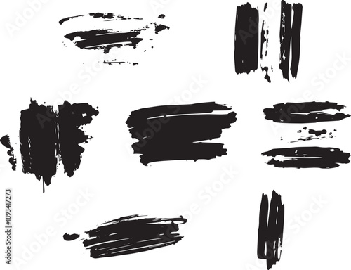 Brush set. Vector black paint brush spots, highlighter lines or felt-tip pen marker. Ink smudge abstract shape stains and smear set with texture