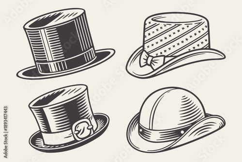 Vintage hats collection vector illustration set in retro engraving style. classic gentleman headwear sketches: top hat, fedora, and bowler hat.