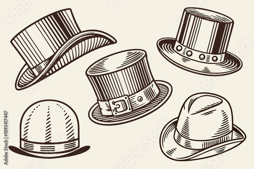 Vintage classic hats vector set. retro engraving style illustration collection of gentleman's headwear including top hat, fedora, and bowler.