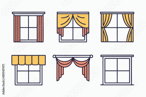 Collection of flat line art vector illustrations featuring various windows with different curtain styles, drapes, and awnings for home decor and interior design concepts