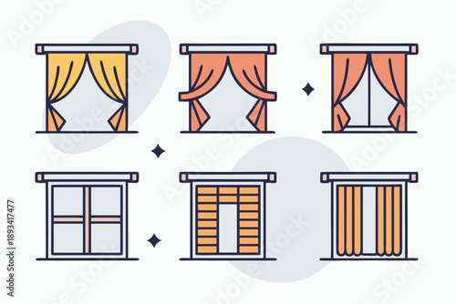 Minimalist vector icon set featuring diverse window treatments like drapes, curtains, blinds, and shades for home interior design projects