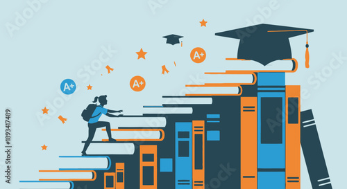 Graduation Cap on Books and Graduation Symbols.