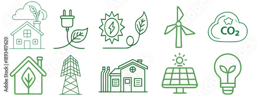 Green Energy Icons – Renewable Power and Eco-Friendly Line Design Set .