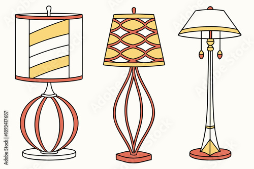 Set of retro-style lamps, featuring mid-century modern floor and table lighting fixtures, perfect for home interior design and decoration vector illustration.