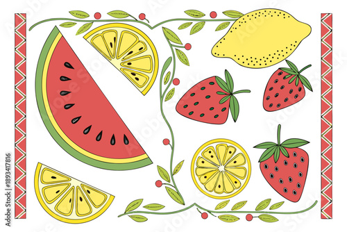 Rustic hand-drawn summer fruits vector illustration set with watermelon slices, strawberries, and lemons on white background for design