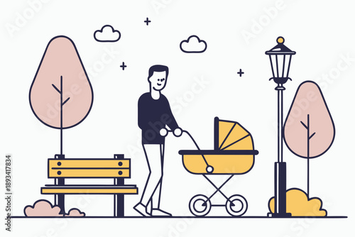 Father pushing baby stroller in park flat design vector illustration: minimalist outline art for parenthood, family life, and childcare concepts