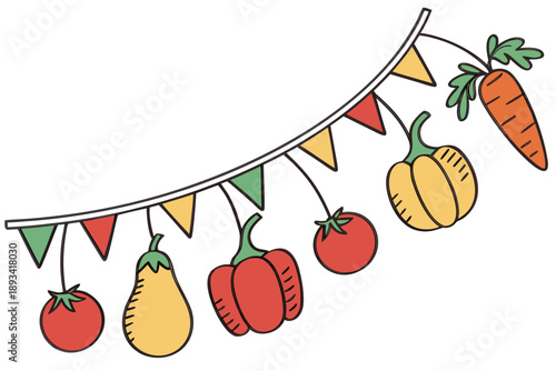 Cartoon vector illustration of a festive vegetable garland with pennant flags, featuring colorful bell peppers, carrots, and tomatoes hanging from a string.