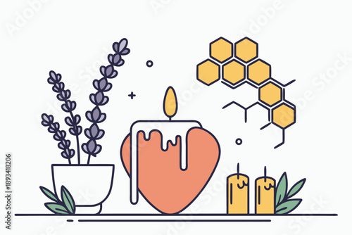Natural aromatherapy and wellness vector illustration with heart candle, lavender, and honeycomb elements for self-care concepts