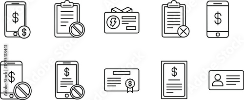 Digital payment and finance icons set showing mobile money, invoices, rejected transactions, billing documents, certificates, and identity cards in minimal outline style