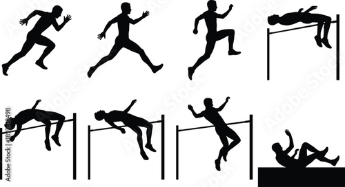 High jump sequence, athlete silhouette, motion study, jumping phases, sports biomechanics, vector illustration, dynamic pose, black silhouette, track and field