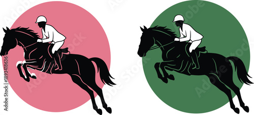 WebHorse jumping silhouette, rider vector, equestrian action, pink background, green background, dynamic pose, riding gear, helmet rider, leaping horse, vector illustration